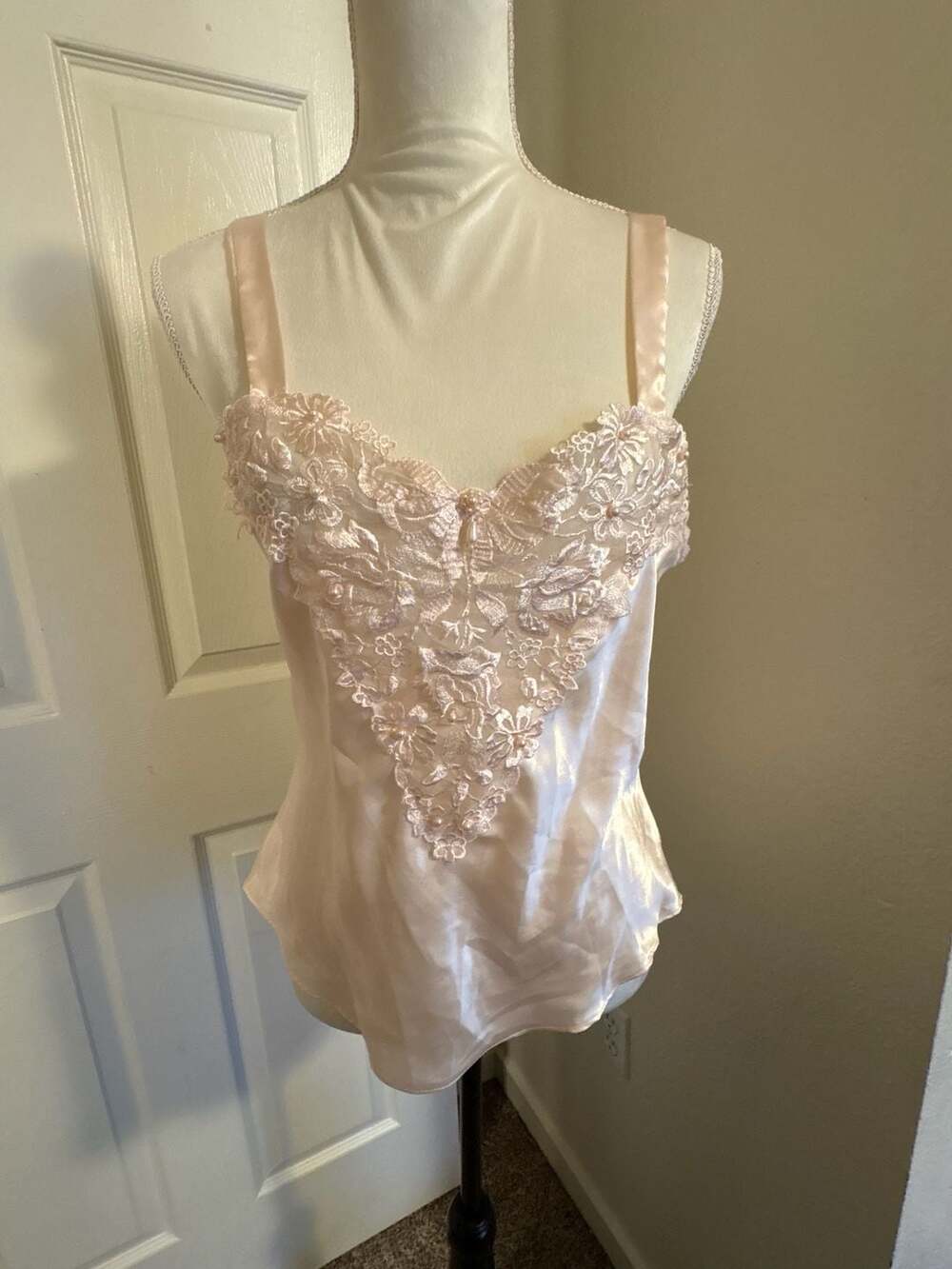 Coquette Beautiful Vintage Pink Satin Camisole Top with Lace and Faux Pearls